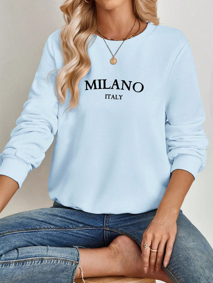 SXV Casual Minimalist Milano Print Pattern Round Neck Long Sleeve Loose Women Sweatshirt Autumn And Winter