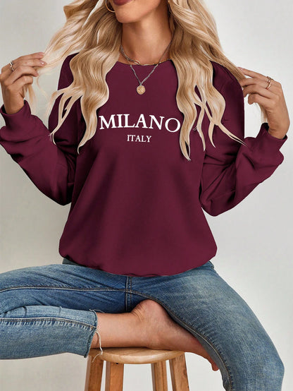 SXV Casual Minimalist Milano Print Pattern Round Neck Long Sleeve Loose Women Sweatshirt Autumn And Winter