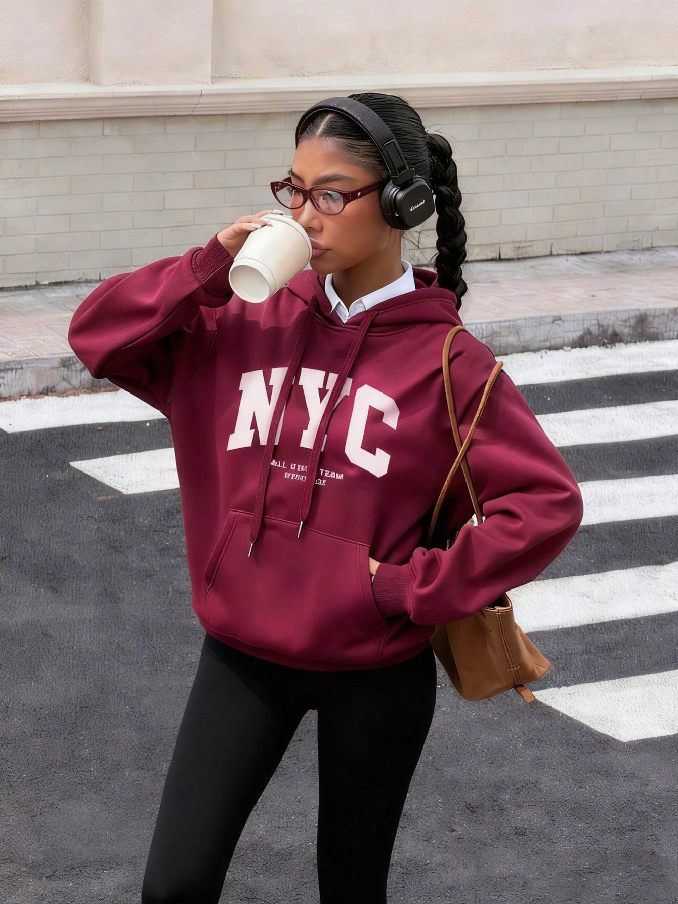 SXV Women's Casual NYC Slogan Print Burgundy Loose Fleece Drawstring Thick Hoodie