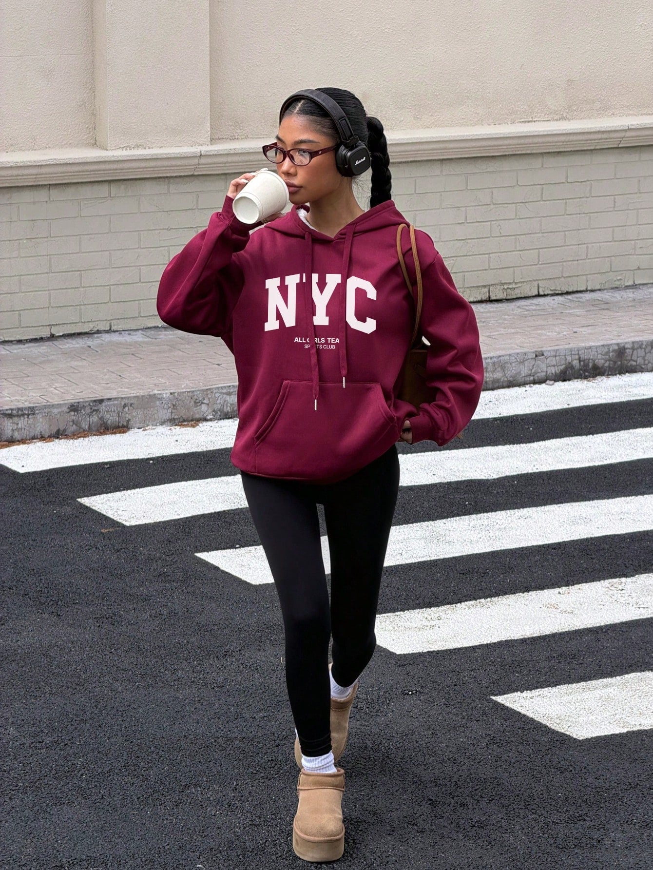 SXV Women's Casual NYC Slogan Print Burgundy Loose Fleece Drawstring Thick Hoodie