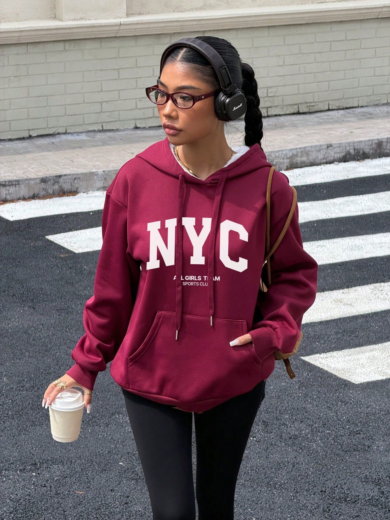 SXV Women's Casual NYC Slogan Print Burgundy Loose Fleece Drawstring Thick Hoodie