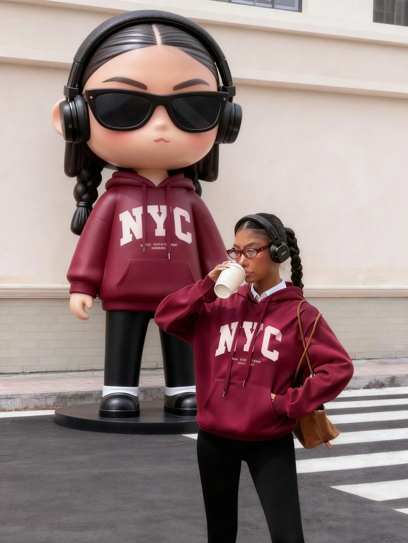 SXV Women's Casual NYC Slogan Print Burgundy Loose Fleece Drawstring Thick Hoodie