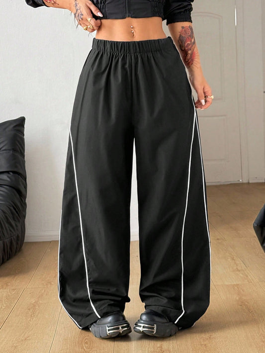 SXV Women's Black Wide Leg Track Pants with White Side Stripe, Elastic Waist, Casual Style