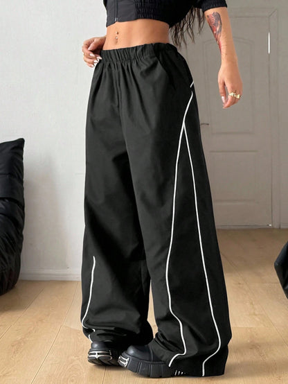 SXV Women's Black Wide Leg Track Pants with White Side Stripe, Elastic Waist, Casual Style