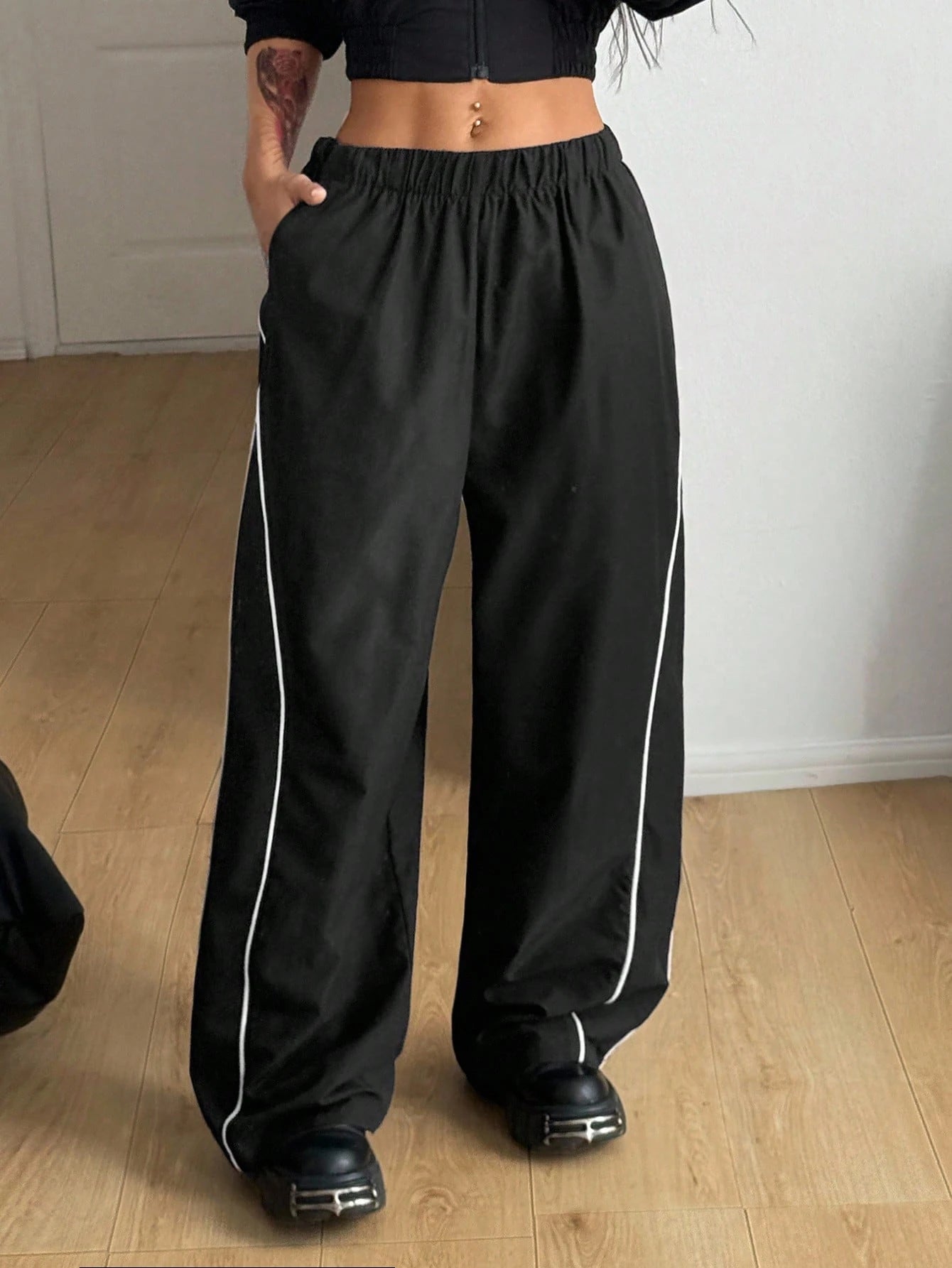 SXV Women's Black Wide Leg Track Pants with White Side Stripe, Elastic Waist, Casual Style