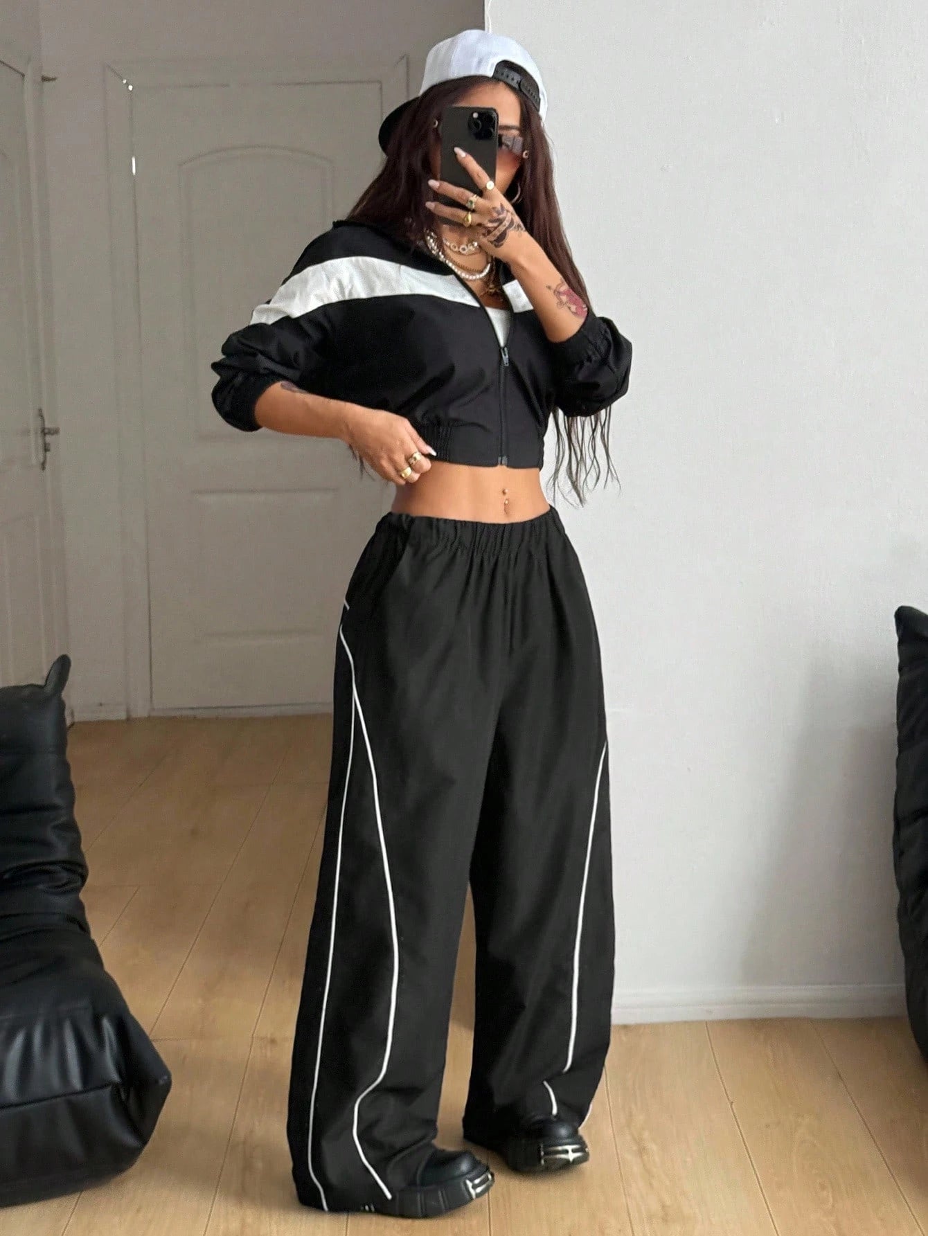 SXV Women's Black Wide Leg Track Pants with White Side Stripe, Elastic Waist, Casual Style