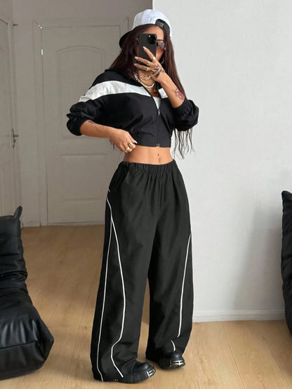 SXV Women's Black Wide Leg Track Pants with White Side Stripe, Elastic Waist, Casual Style