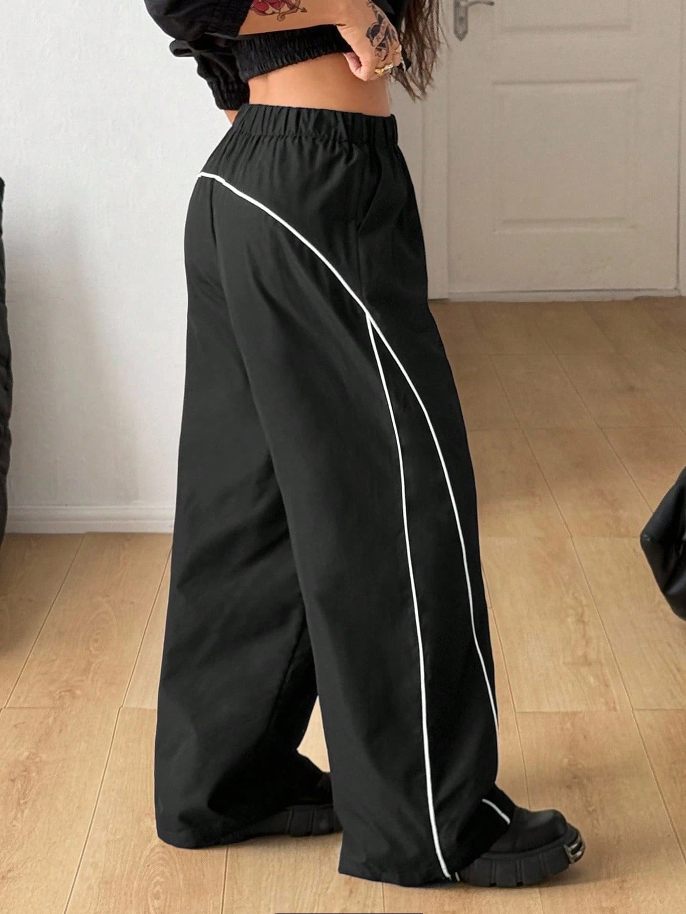 SXV Women's Black Wide Leg Track Pants with White Side Stripe, Elastic Waist, Casual Style