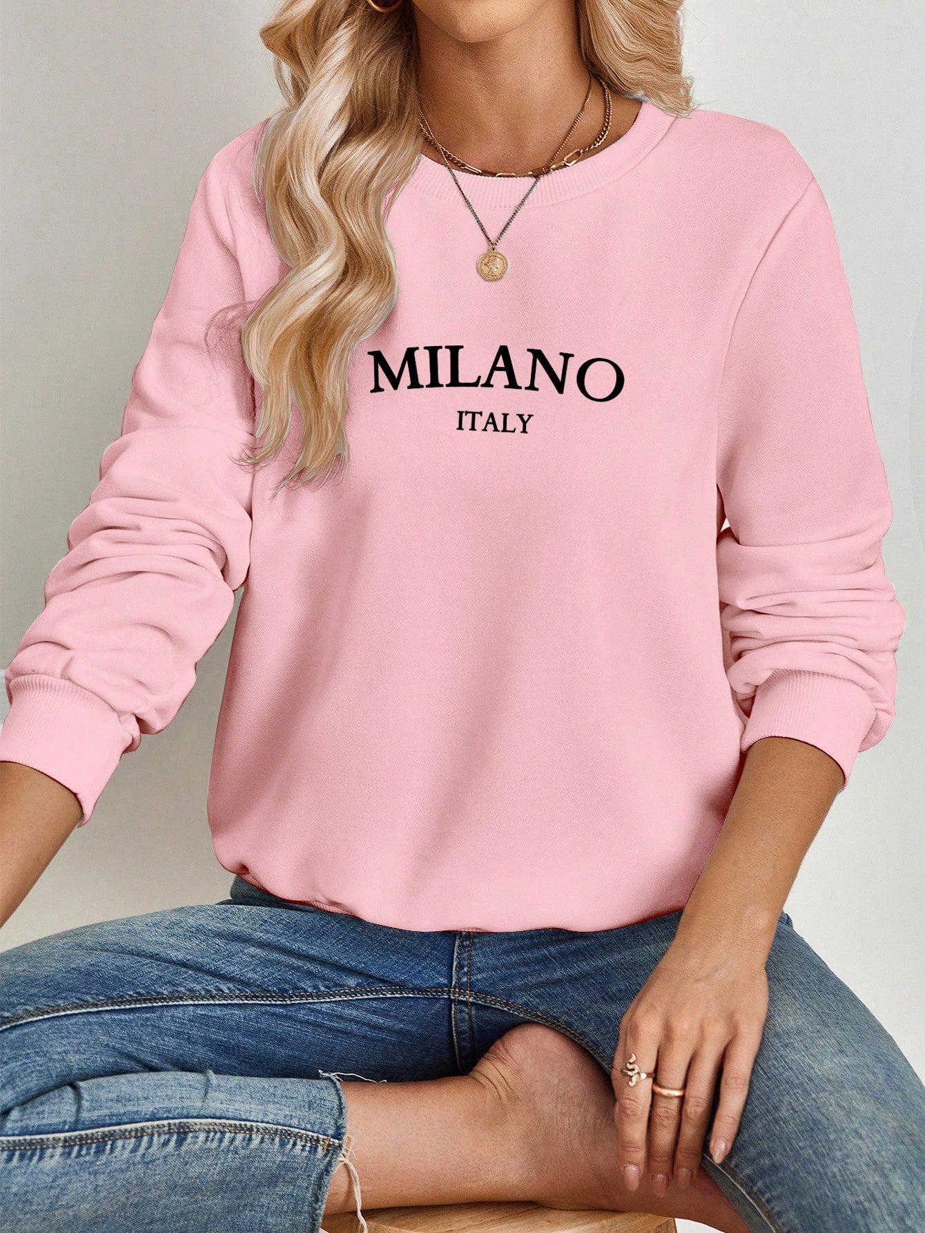 SXV Casual Minimalist Milano Print Pattern Round Neck Long Sleeve Loose Women Sweatshirt Autumn And Winter