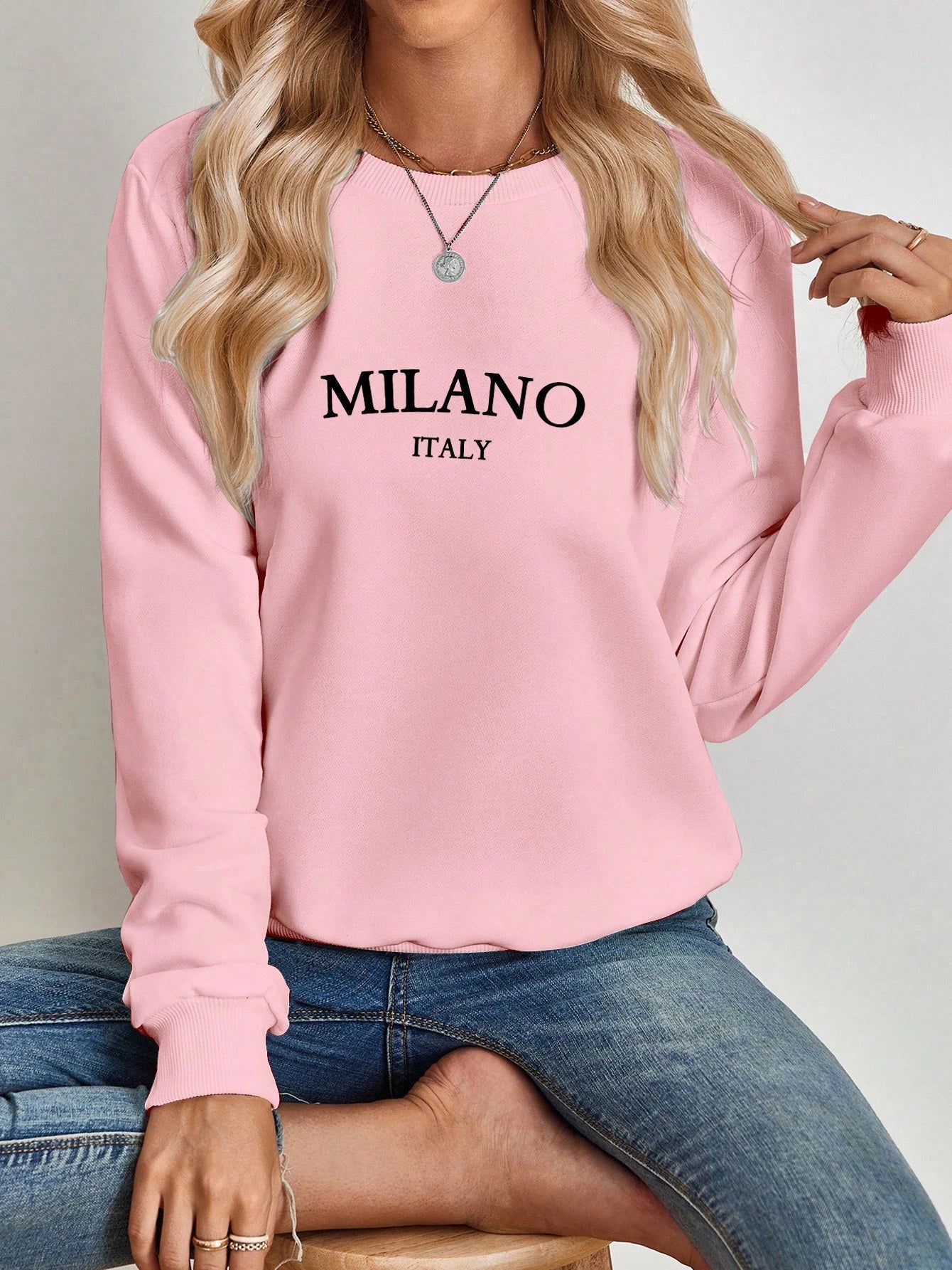 SXV Casual Minimalist Milano Print Pattern Round Neck Long Sleeve Loose Women Sweatshirt Autumn And Winter