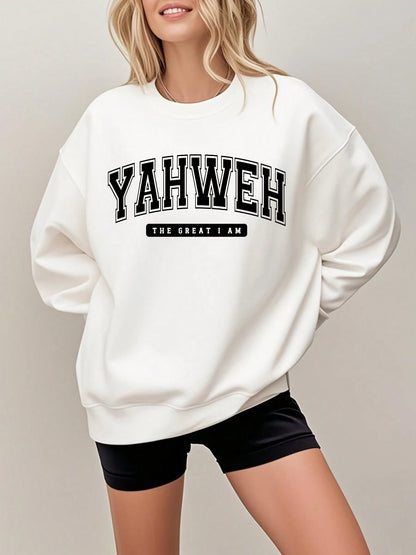 SXV YAHWEH Print Crew Neck Short Pullover Sweatshirt