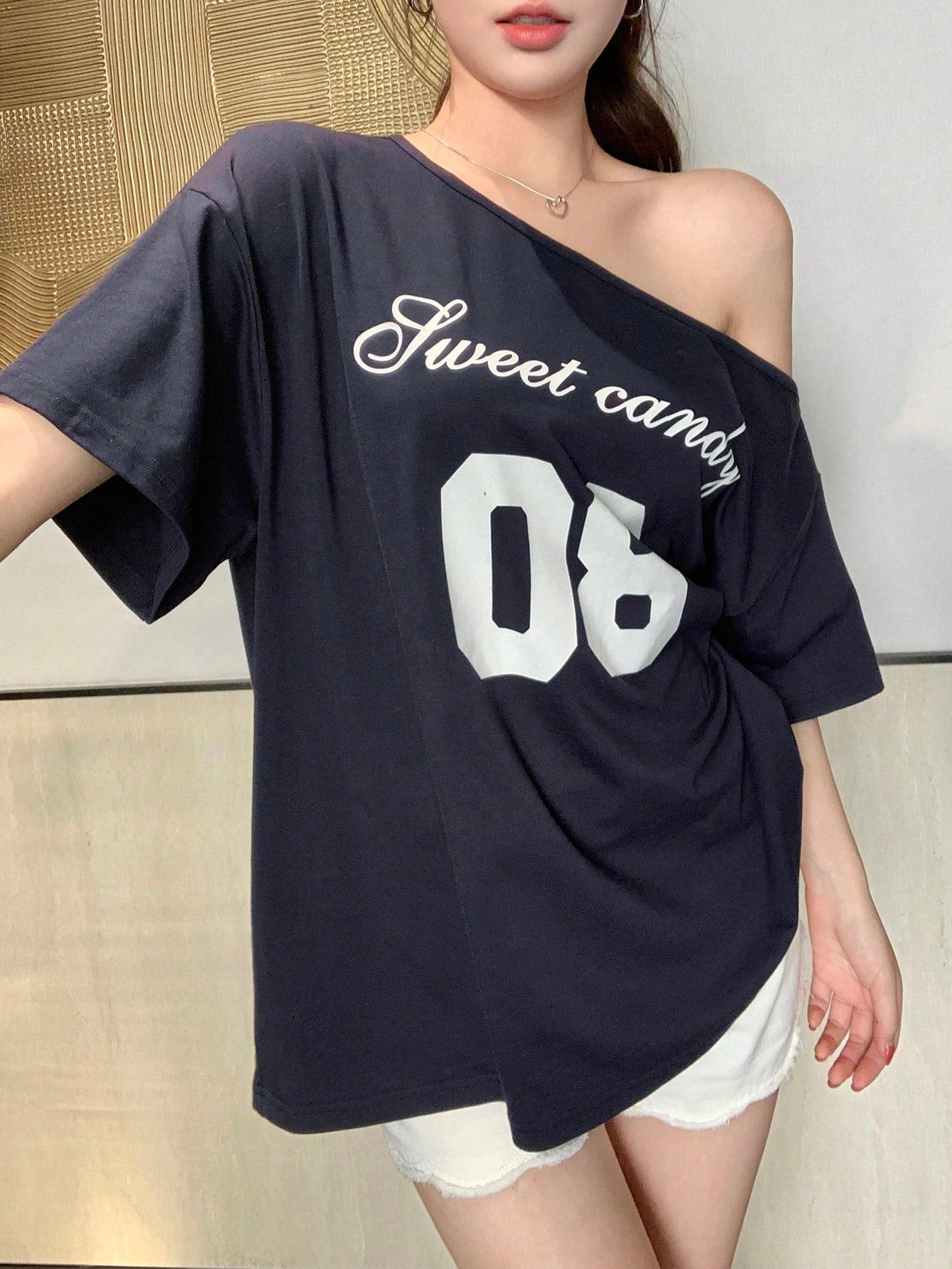 SXV Women's Loose Letter Print Asymmetrical Shoulder Casual T-Shirt, Summer
