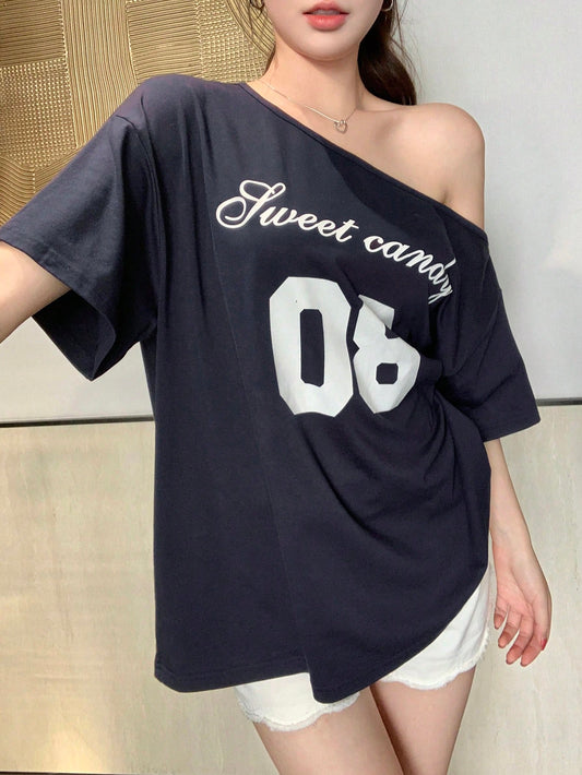 SXV Women's Loose Letter Print Asymmetrical Shoulder Casual T-Shirt, Summer