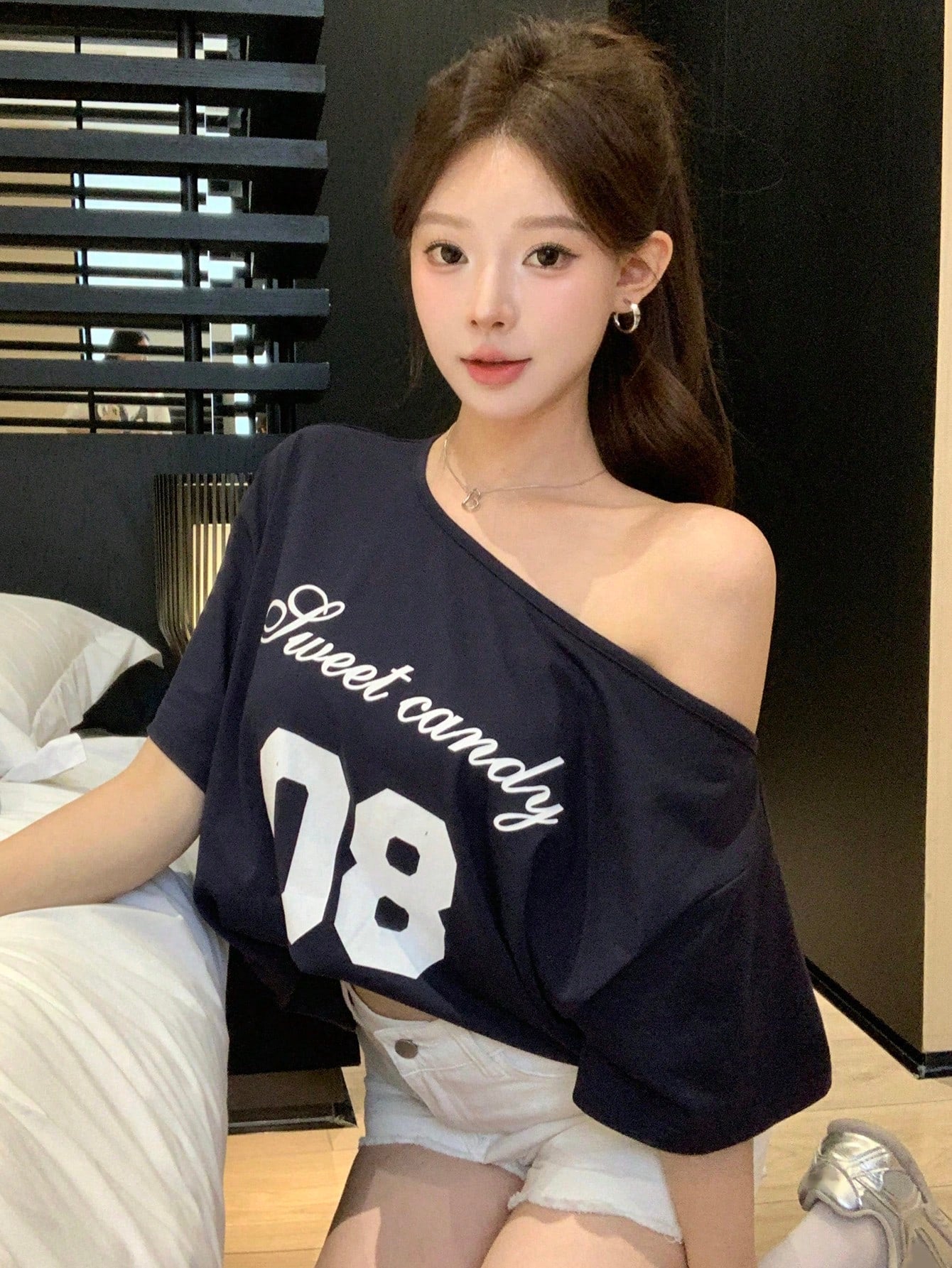SXV Women's Loose Letter Print Asymmetrical Shoulder Casual T-Shirt, Summer