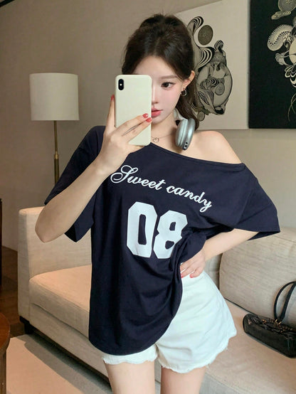 SXV Off-Shoulder, Number & sweet candy Logo Print, Short-Sleeved T-Shirt
