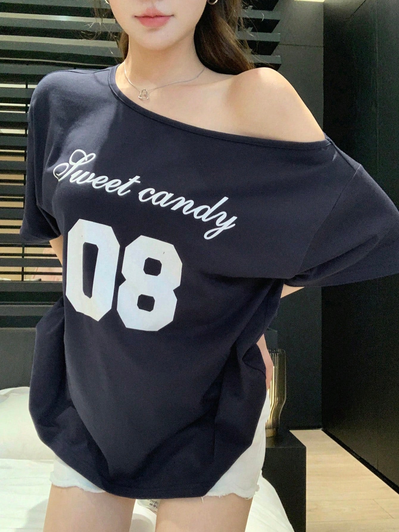 SXV Off-Shoulder, Number & sweet candy Logo Print, Short-Sleeved T-Shirt