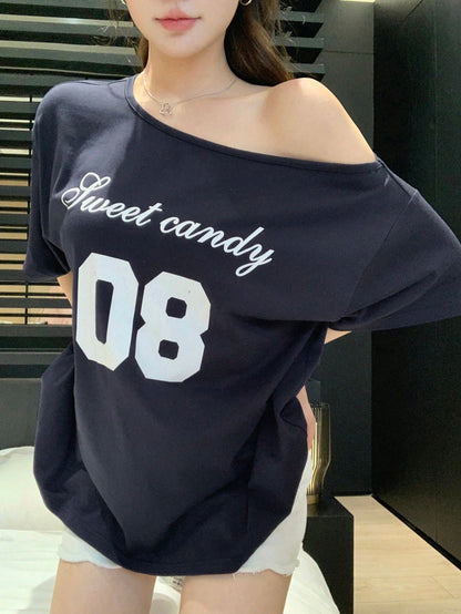 SXV Off-Shoulder, Number & sweet candy Logo Print, Short-Sleeved T-Shirt