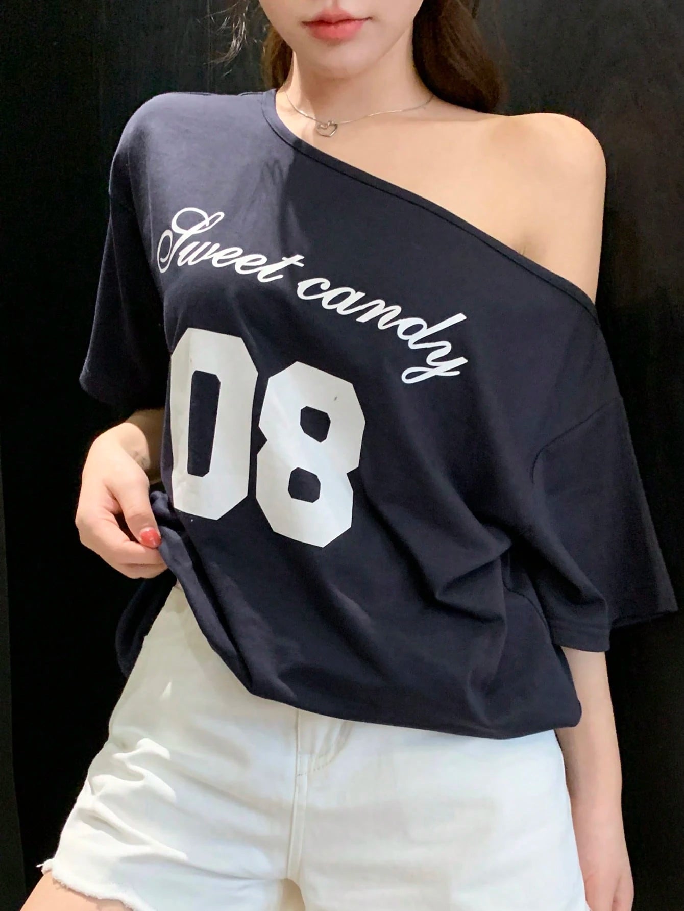 SXV Women's Loose Letter Print Asymmetrical Shoulder Casual T-Shirt, Summer
