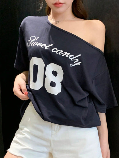 SXV Women's Loose Letter Print Asymmetrical Shoulder Casual T-Shirt, Summer