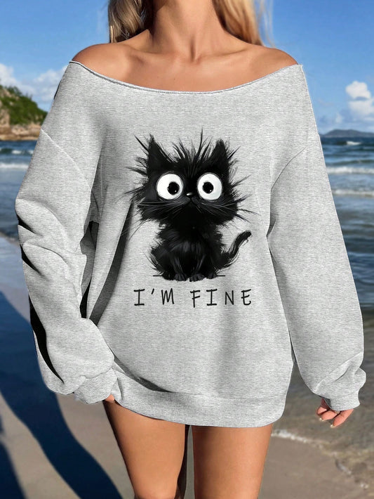 SXV i am fine Print,Women's Loose Fit&Long Length Asymmetrical Neck Pullover Sweatshirt