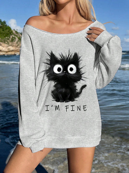 SXV i am fine Print,Women's Loose Fit&Long Length Asymmetrical Neck Pullover Sweatshirt