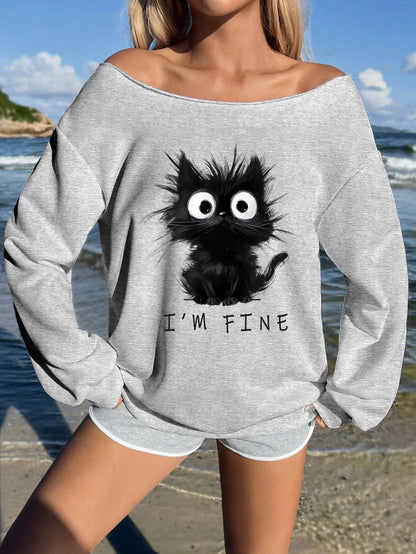 SXV i am fine Print,Women's Loose Fit&Long Length Asymmetrical Neck Pullover Sweatshirt