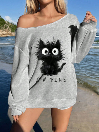 SXV i am fine Print,Women's Loose Fit&Long Length Asymmetrical Neck Pullover Sweatshirt