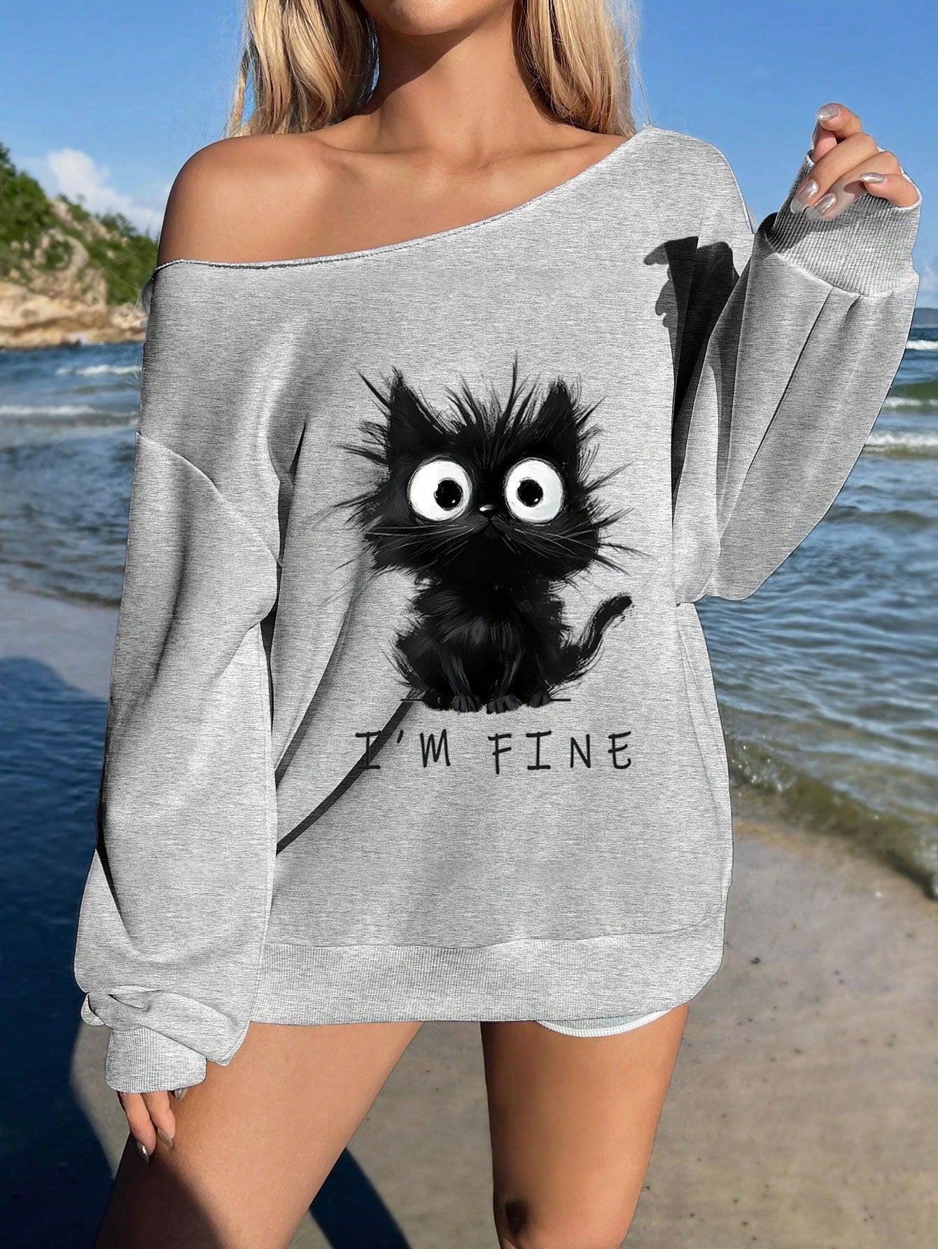 SXV i am fine Print,Women's Loose Fit&Long Length Asymmetrical Neck Pullover Sweatshirt