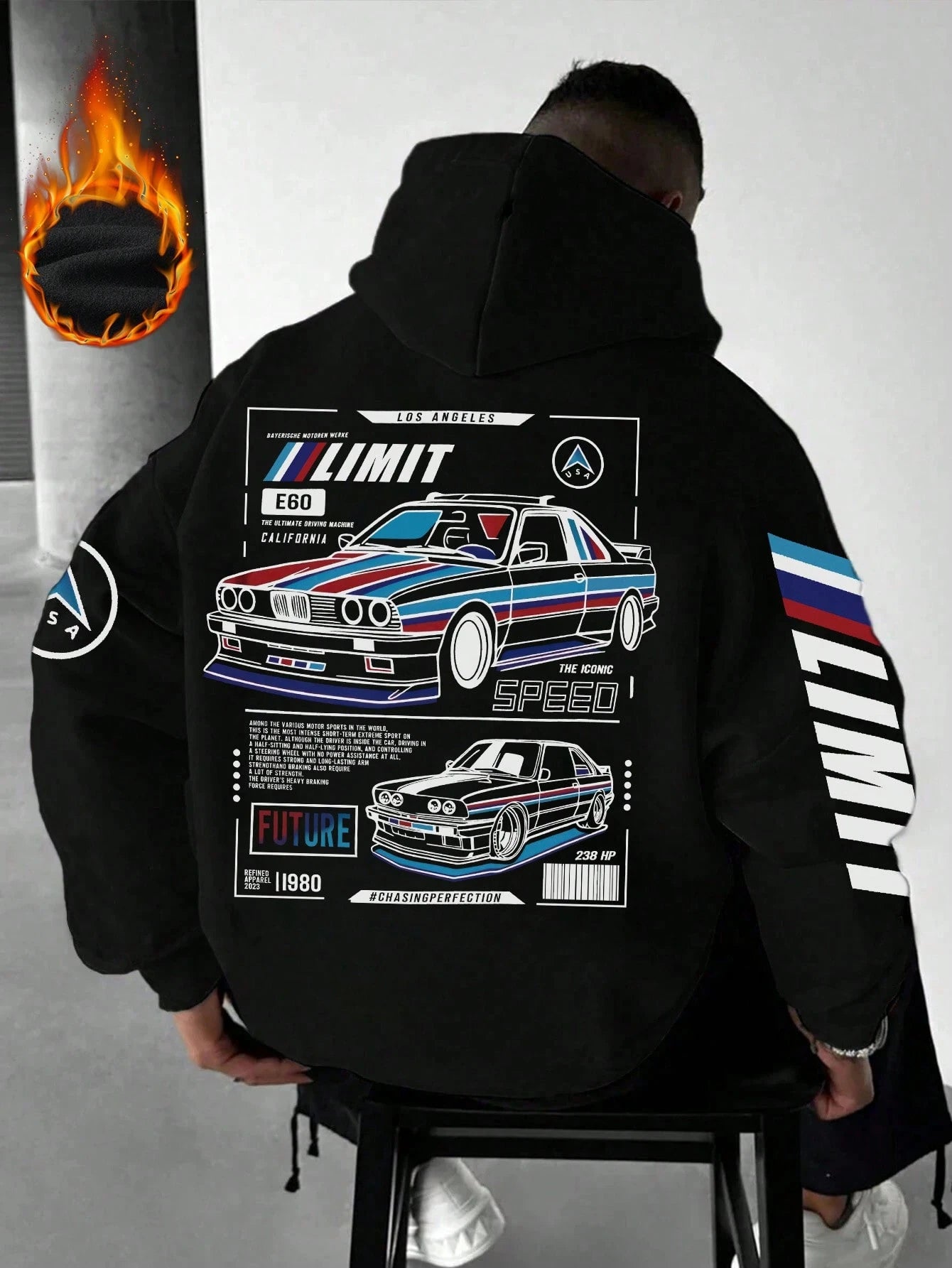 SXV LIMIT Casual Loose Fit Car Graphic Thermal Lined Hoodie Sweatshirt, Autumn