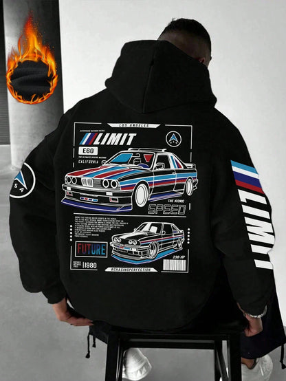 SXV LIMIT Casual Loose Fit Car Graphic Thermal Lined Hoodie Sweatshirt, Autumn