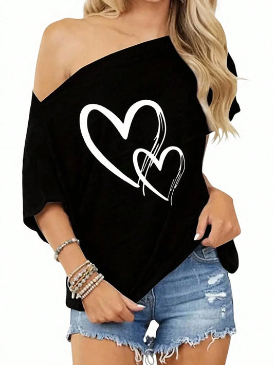 SXV Women's Asymmetrical Neckline Heart Print T-Shirt Graphic