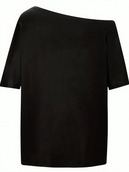 SXV Women's Asymmetrical Neckline Heart Print T-Shirt Graphic