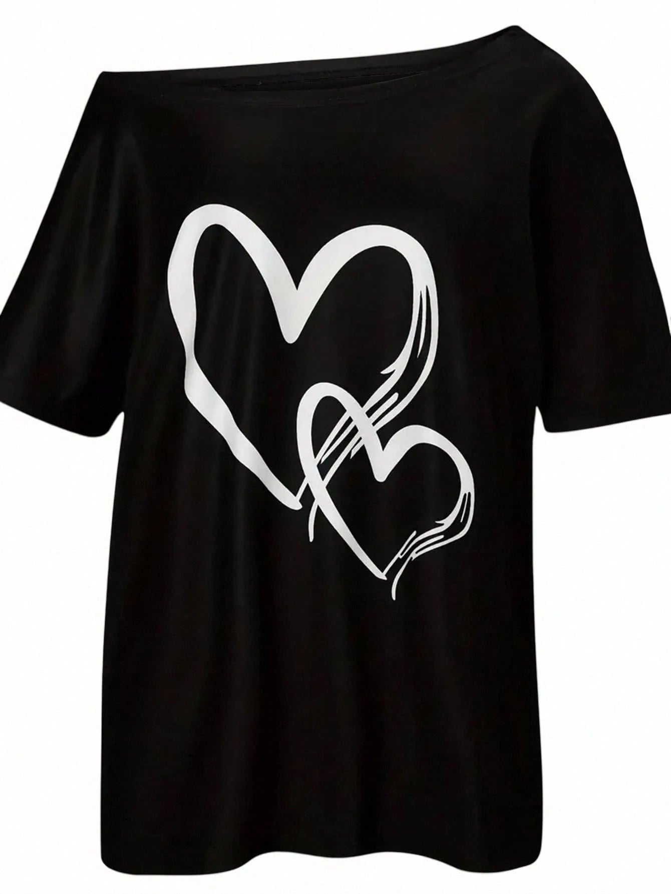 SXV Women's Asymmetrical Neckline Heart Print T-Shirt Graphic