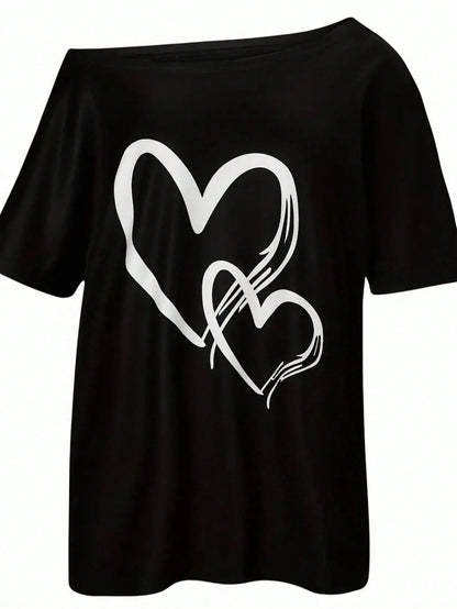 SXV Women's Asymmetrical Neckline Heart Print T-Shirt Graphic