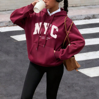 SXV Women's Casual NYC Slogan Print Burgundy Loose Fleece Drawstring Thick Hoodie