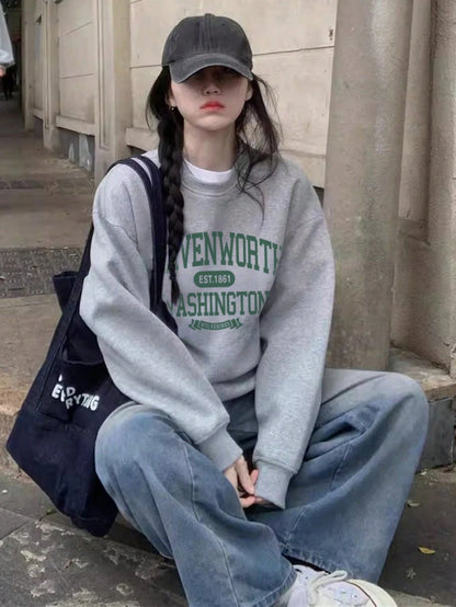 SXV Women Casual Loose Fit English Text Graphic Pullover Sweatshirt