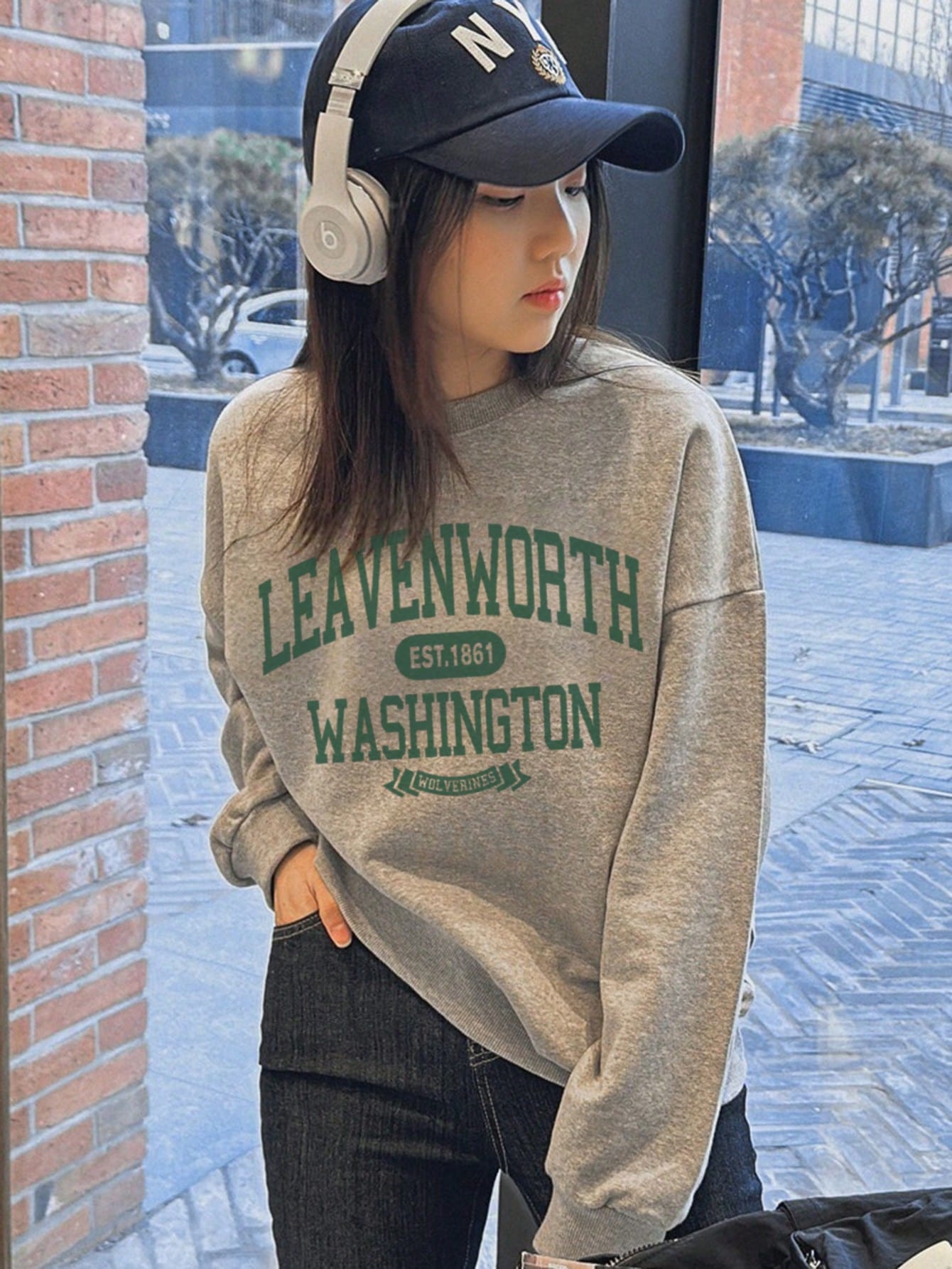 SXV Women Casual Loose Fit English Text Graphic Pullover Sweatshirt