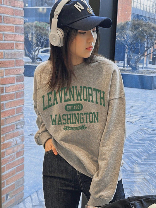 SXV Women Casual Loose Fit English Text Graphic Pullover Sweatshirt