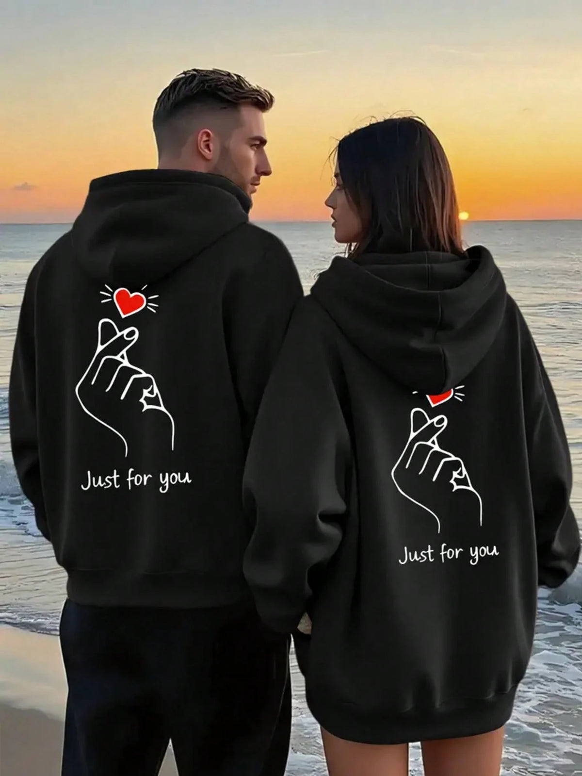 SXV Winter Unisex Street Fashion Couple Heart Print Fleece Hoodie