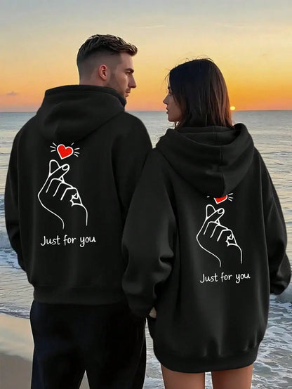 SXV Winter Unisex Street Fashion Couple Heart Print Fleece Hoodie