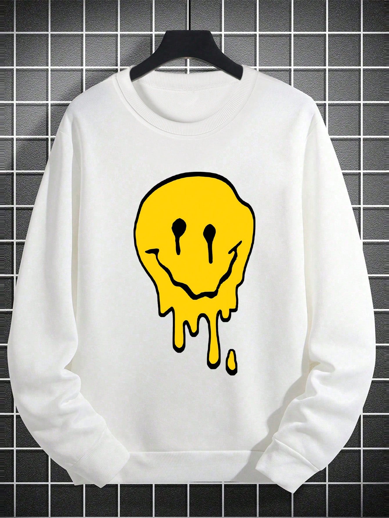 SXV Men's Funny Smiling Face Print Crew Neck Sweatshirt, Street Fashion, Autumn