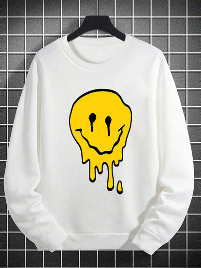 SXV Men's Funny Smiling Face Print Crew Neck Sweatshirt, Street Fashion, Autumn