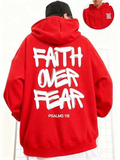 SXV Faith Over Fear, Letter Print Pocket Hoodie