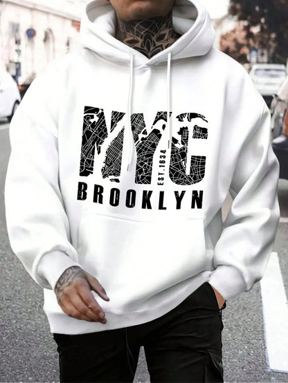 SXV NYC BROOKLYN Men's Letter Print Long Sleeve Pocket Drawstring Hoodie Sweatshirt