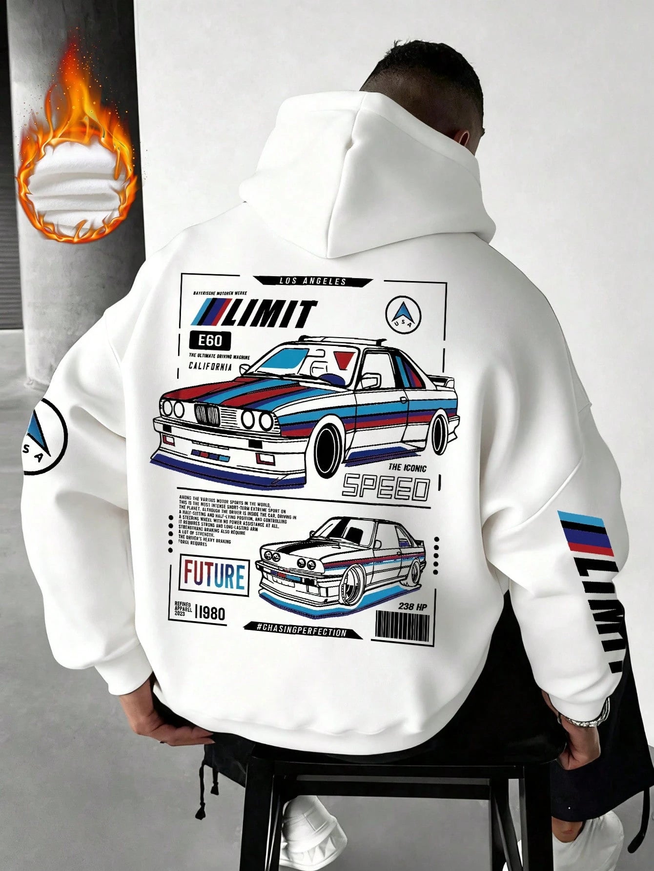 SXV LIMIT Casual Loose Fit Car Graphic Thermal Lined Hoodie Sweatshirt, Autumn