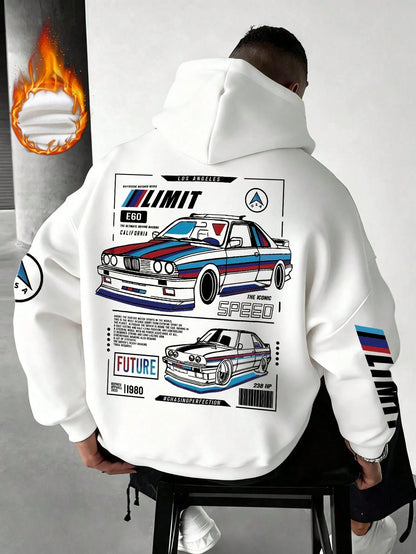 SXV LIMIT Casual Loose Fit Car Graphic Thermal Lined Hoodie Sweatshirt, Autumn