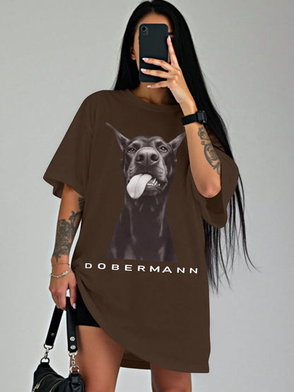 SXV Women's Hip-Hop Style Letter & Dog Print Dropped Shoulder Sleeve T-Shirt