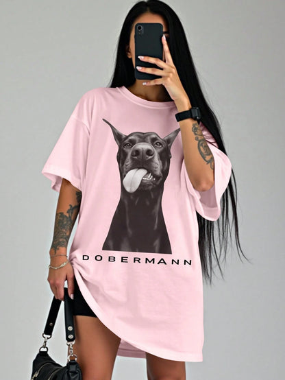 SXV Women's Hip-Hop Style Letter & Dog Print Dropped Shoulder Sleeve T-Shirt