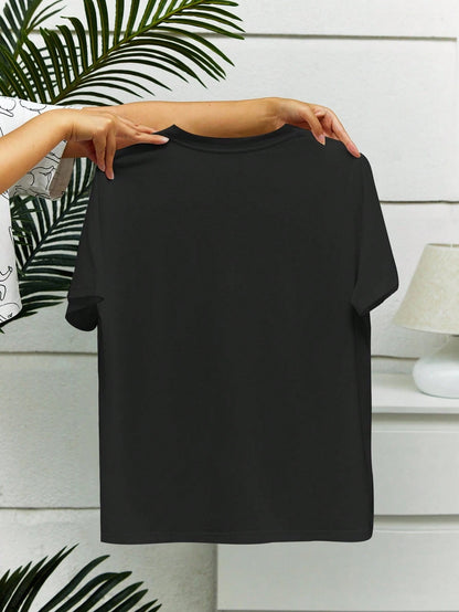 SXV Women's Hip-Hop Style Letter & Dog Print Dropped Shoulder Sleeve T-Shirt