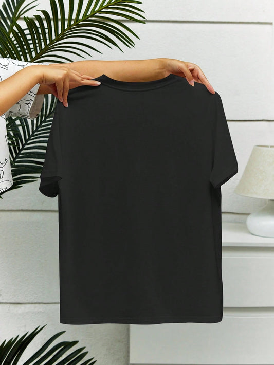 SXV Women's Hip-Hop Style Letter & Dog Print Dropped Shoulder Sleeve T-Shirt